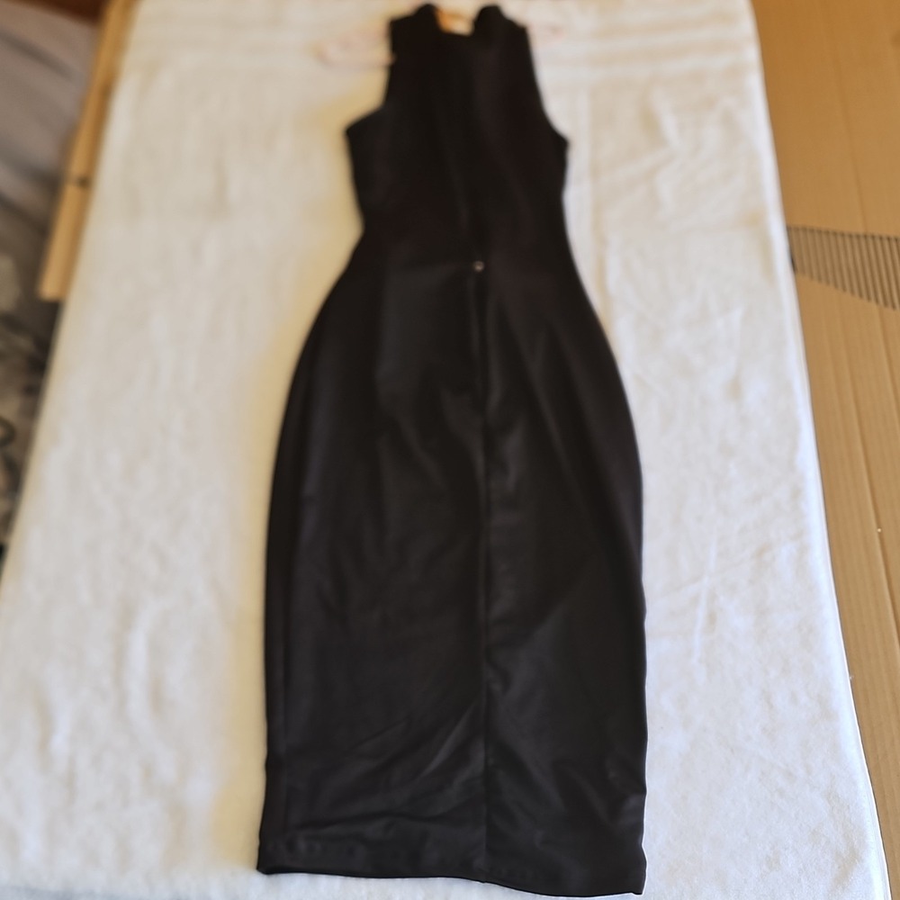 A3 Design Black Sleeveless Midi Bodycon Dress Satin Rhinestone Zip Size S - Picture 4 of 4
